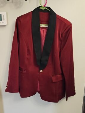 Women's Red Satin Shawl Collar Tux With Black Trim